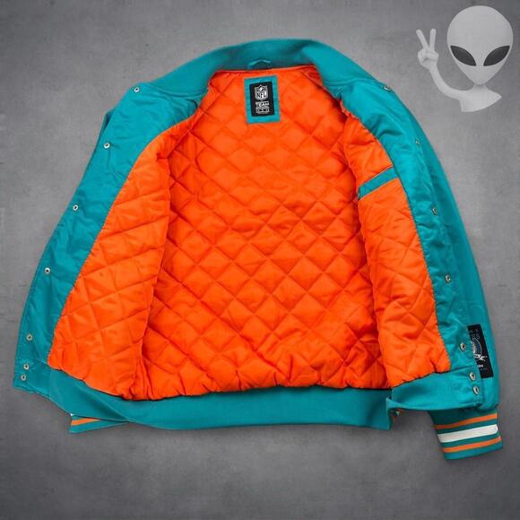 Miami Dolphins NFL Chalk Line Satin Bomber Jacket Small Teal Orange Varsity - Picture 5 of 8